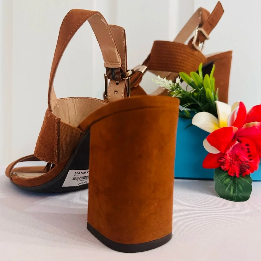 GABBY ~ Camel Brown Suede Sandals/Tassel Details and 3” Block Heel
